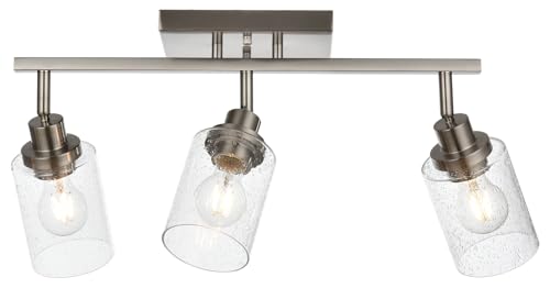 3 Light Brushed Nickel Kitchen Track Lighting Fixtures Ceiling Mount Track Lighting Kit with Bubble Seeded Glass Shade Modern Bathroom Tracking Vanity Lights Ceiling Tracking Accent Shop Light (Brushed Nickel / 3-Light)