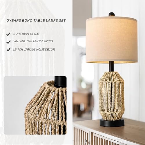 21" Boho Table Lamps Set of 2 for Living Room (Wood Brown and Black)