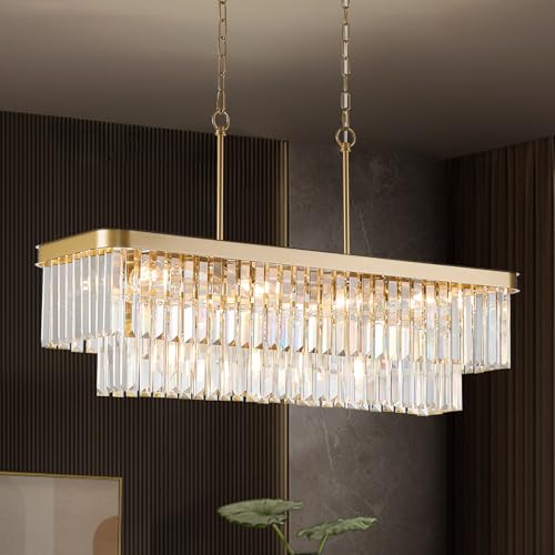 Gold Crystal Chandelier 11 Lights 33.5" Rectangle Chandelier (Gold / Long-33.5”)