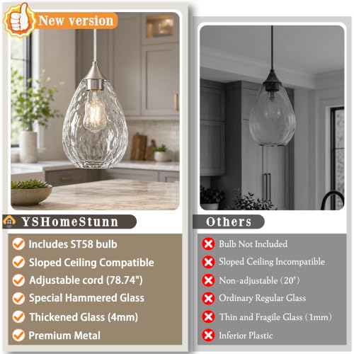 Nickel Glass Pendant Lights Kitchen Island 6.3" Pendant Light Hammered Clear Glass 3 Pack Height Adjustable Modern Hanging Pendant Lights for Dining Room Bedroom Hallway Sink Bulbs Incl (Nickel, 3 PK / 6.3 Inch)
