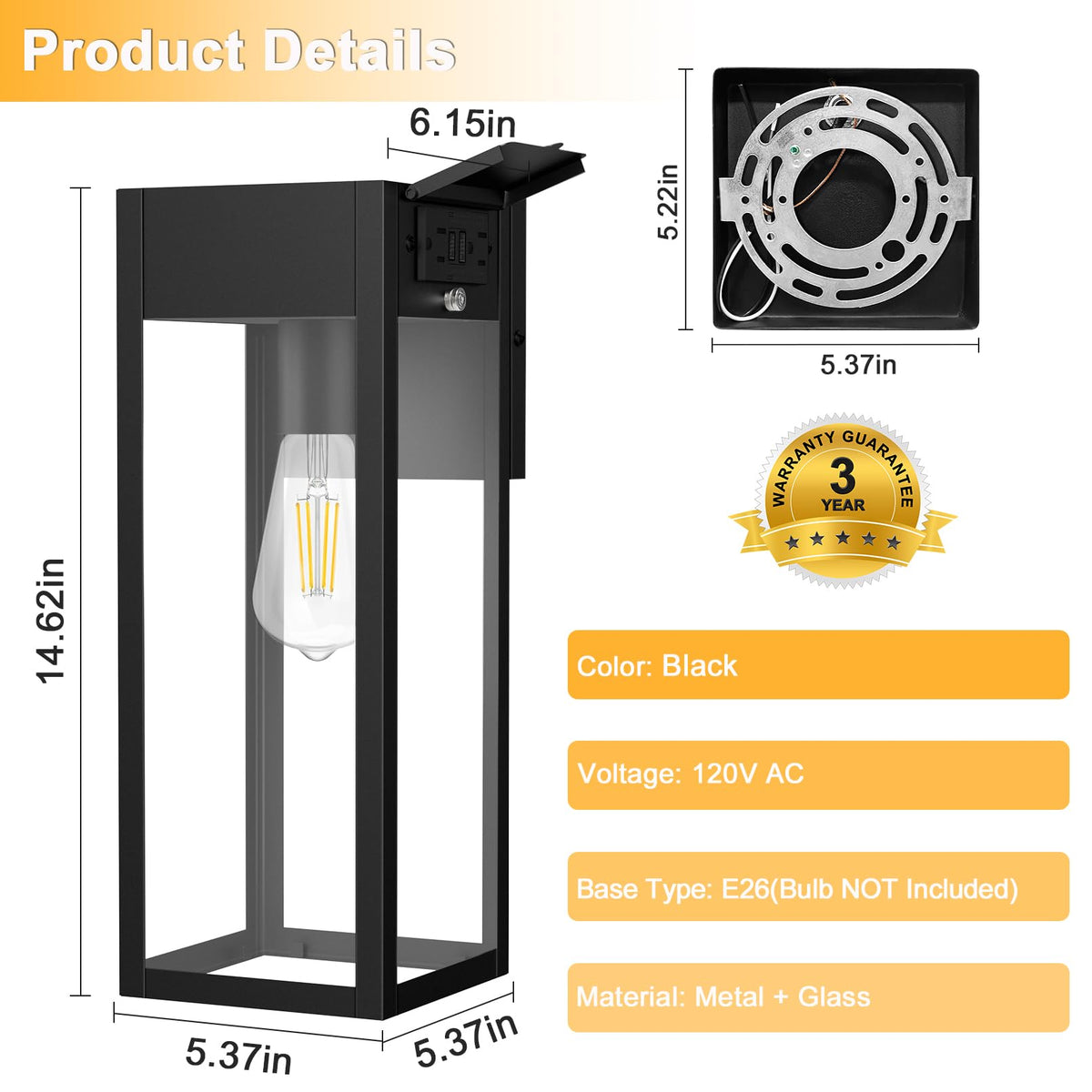 Large Porch Lights with GFCI Outlet (Black 1-Pack (With Outlet) / No Sensor, Large)