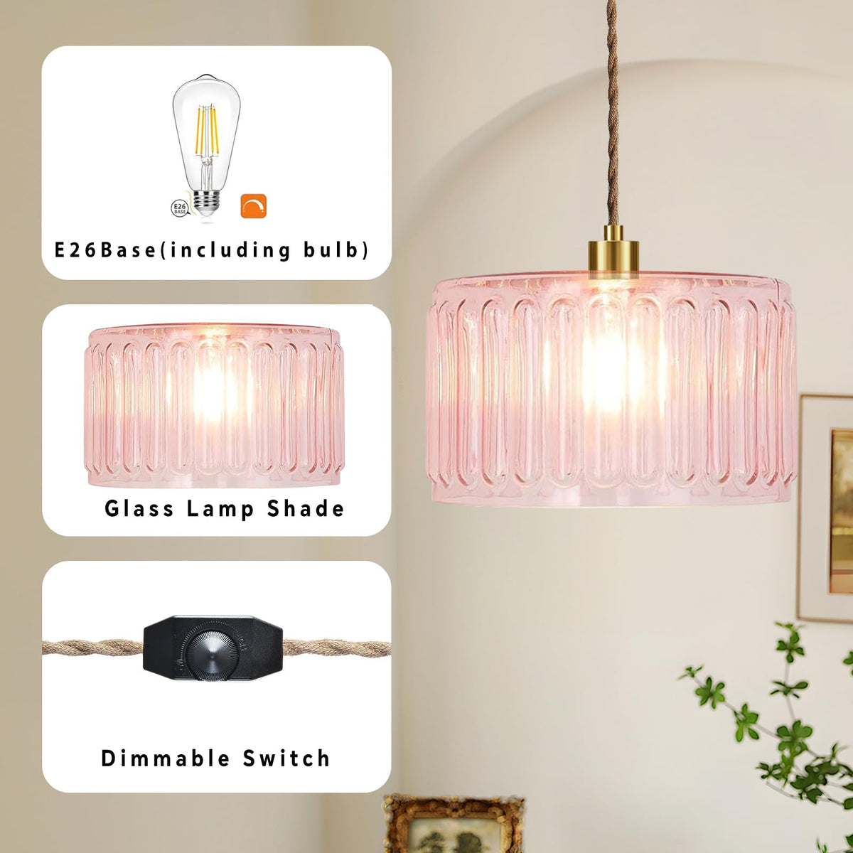 Pink Plug in Pendant Light Glass Hanging Lights with Plug in Cord Boho Hanging Lamp Gold Mid Century Modern Vintage Dimmable Flower Plug in Chandelier Ceiling Fixture for Living Room (Pendant Light-20)