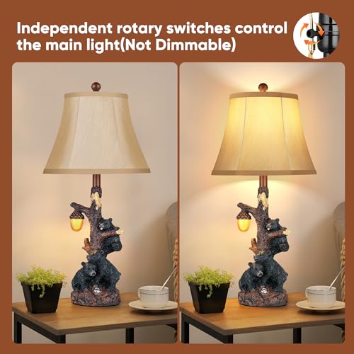 Set of 2 Bear Bedside Table Lamps for Bedroom with Nightlight & USB A+C (Rustic)