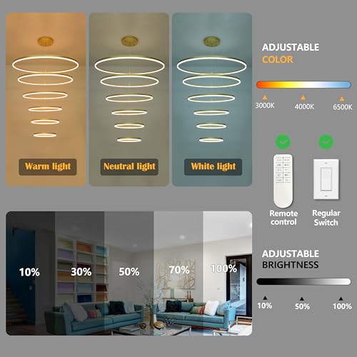 47.2" Modern Gold Led Chandelier 6 Rings Pendant Lights Dimmable Height Adjustable Chandeliers Color Temperature Gold Chandelier Led Pendant Light for Dining Room Entryway Bedroom (Gold / 6Ring-47")