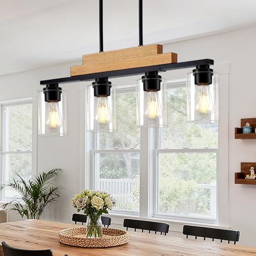 4 Light Rustic Wood Linear Chandeliers for Dining Room Hanging (Black & Beige / 4-Light)