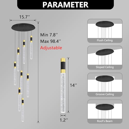 8 Lights 98 Inches Modern Chandelier LED Light Fixtures Adjustable Long Light Chandelier for Hallway Foyer Dimmable Lights with Remote Dining Kitchen Ceiling Pendant Lighting (8 lights Cylindrical)