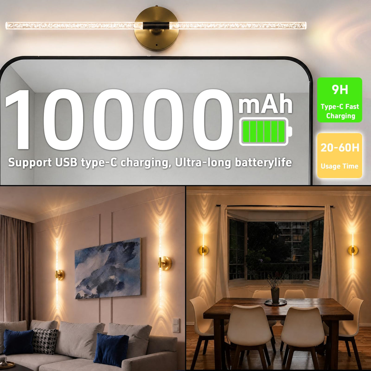 Rechargeable Wall Lights Battery Operated Sconce 2Pack (Bubble Crystal Gold / Set of 2)