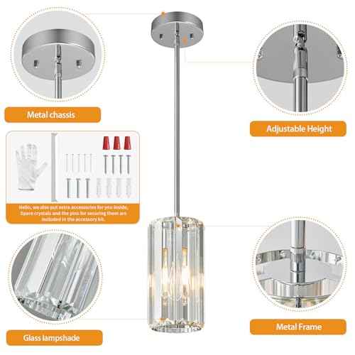 Chrome Pendant Lighting Modern Pendant Light Mini Crystal Chandeliers Adjustable Pendant Light Fixture for Kitchen Island Dinning Room Corridor Bedroom (Chrome / Round-3-Pack)
