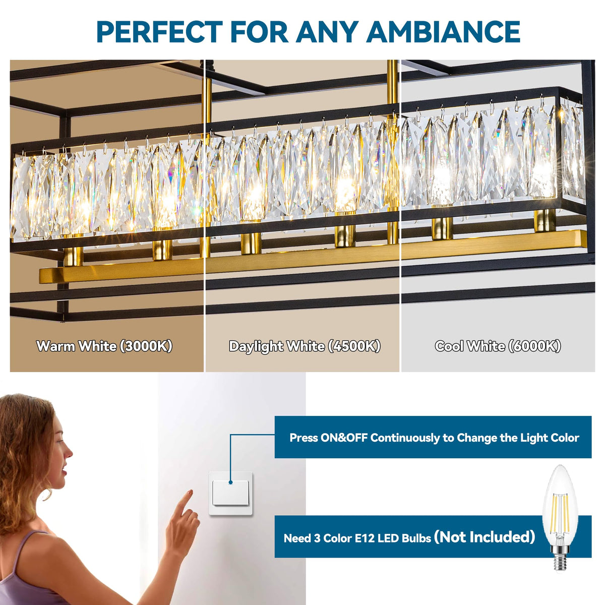 Modern Black and Gold Rectangle Crystal Chandeliers for Dining Room (Black & Satin Brass L35")