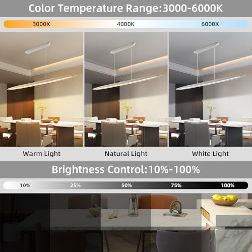 Minimalist Linear Pendant Light Dimmable LED Modern Chandelier Dining Room Island Light Restaurant Cafe Bar Office Hanging Lamp (White / 51 Inch)