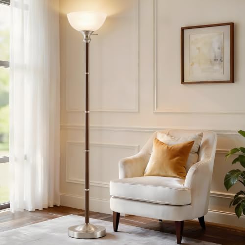 72" Wood Torchiere Floor Lamp with Glass Shade Walnut Standing Lamp (Walnut)
