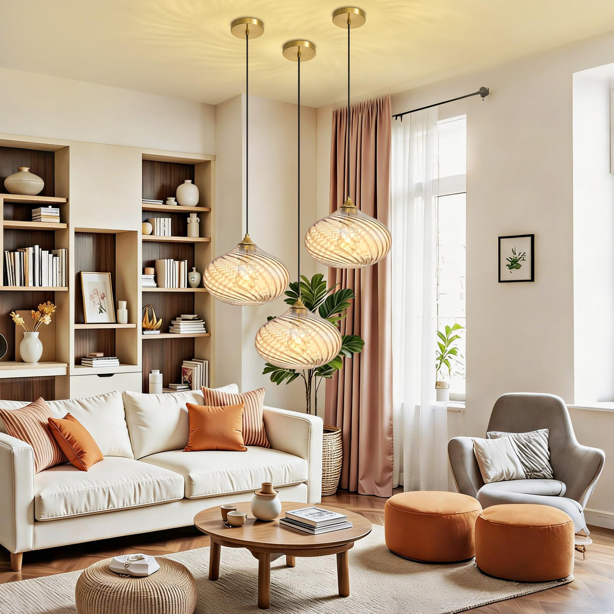11in Gold Pendant Lights Kitchen Island with Amber Glass Shade 1Pack (Gold-Striped Amber Glass)