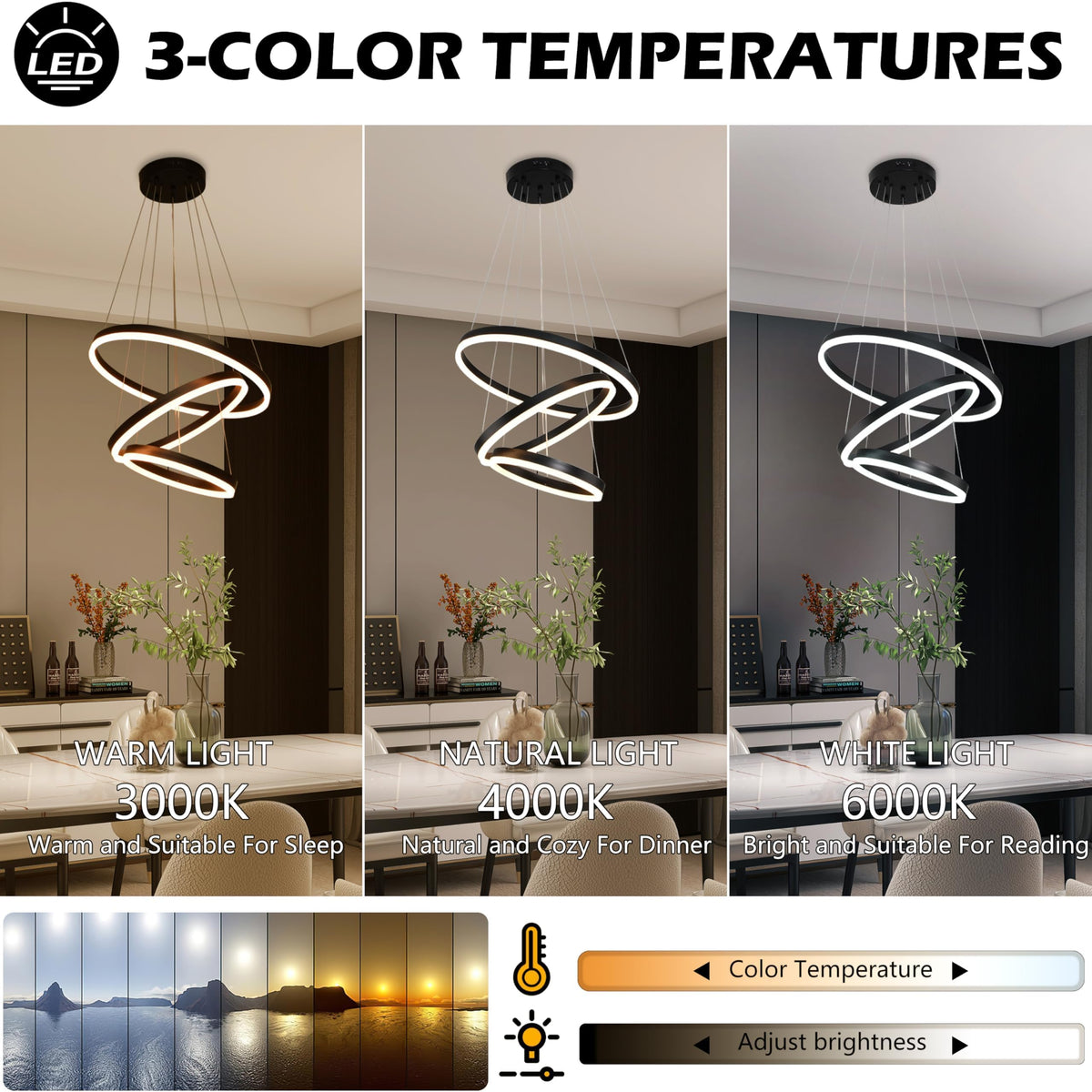 Modern Led Chandelier 3 Rings Black Pendant Lights Dimmable Chandeliers Color Temperature Height Adjustable Black Chandelier Led Pendant Light for Living Room Dining Room Bedroom Entryway (Black / 3Ring-20")