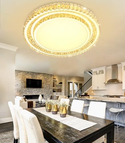 31.4" Dimmable Crystal Chandelier Modern LED Flush Mount Ceiling Light Fixtures for Living Room Bedroom Hallway Kitchen Island Staircase Silver (31.4" Silver)