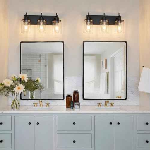4 Light Black Bathroom Light Fixture Over Mirror Modern Farmhouse Bathroom Vanity Light Vintage Wall Lighting with Clear Glass Shade for Bathroom (Black / 4-Light)