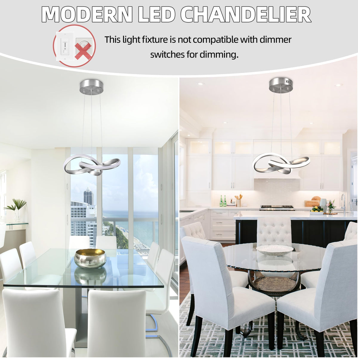 LED Chandelier Modern Pendant Light Fixture 2 Pack Simple Irregular Streamline Ring Light Nickel with 4500K and 59" Height Adjustable Hanging Lamp for Kitchen Island Hallway Foyer Corridor (Nickel / 12 Inch)