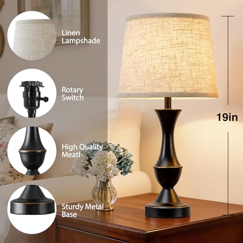 Table Lamp Set of 2 (Black Base+Beige lampshade / 19 in)