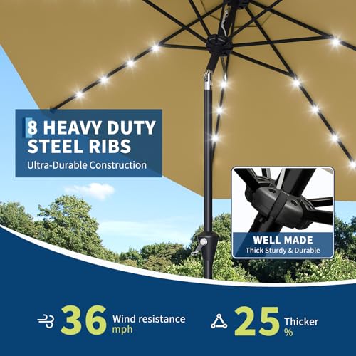 10FT Solar Patio Umbrella Outdoor Umbrella with 32 LED Lights (Tan / 10ft With Lights)