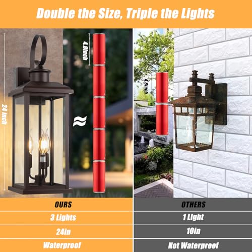 24 Inch 3 Light Outdoor Wall Lights 2 Pack Bronze Modern Sconces (Bronze / No Sensor)