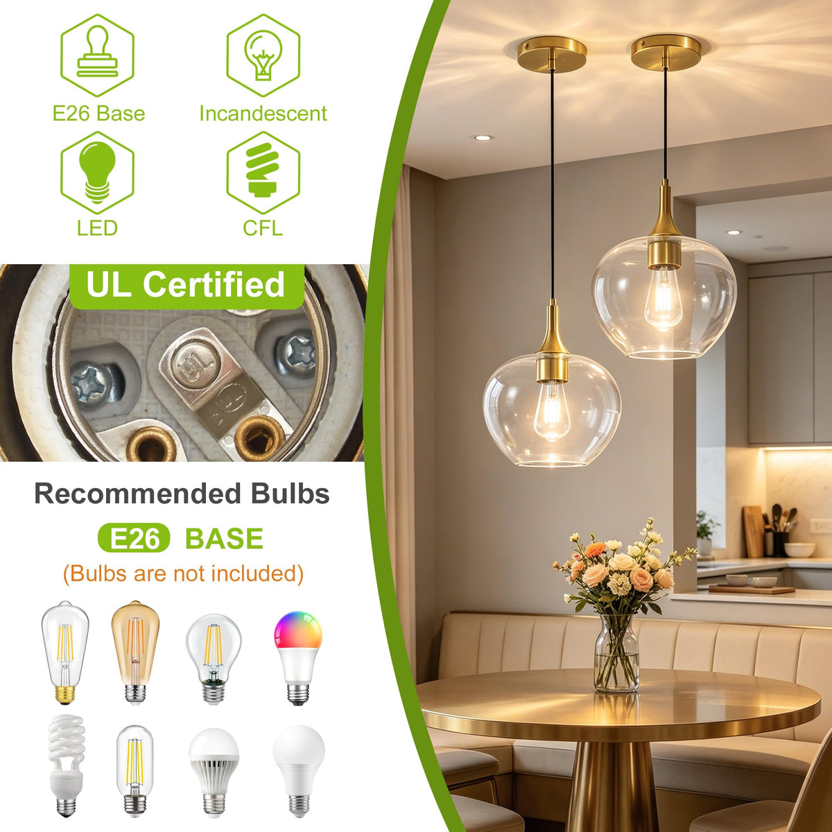 9.45in Gold Pendant Lights Kitchen Island with Clear Glass Shade 2Pack (Gold-Clear Glass-2 Pack)