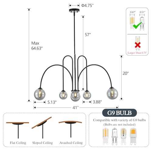 6 Light Modern Sputnik Chandelier L41’’ Black Mid Century Pendant Chandelier with Smoked Glass Shades Contemporary Large Pendant Light Fixture for Foyer Bedroom Staircase Living Room Kitchen (Black Smoke Gray / 6-Light)
