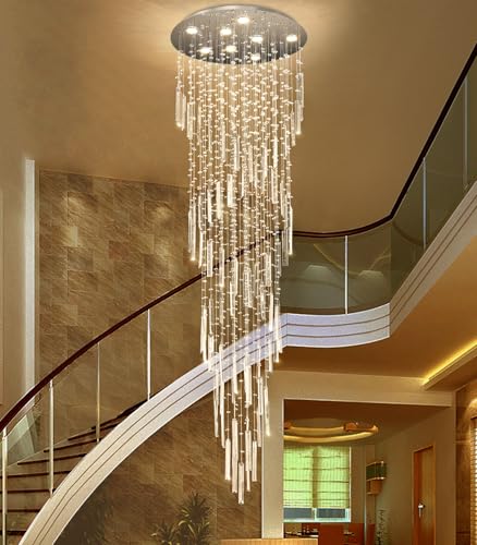 D24'' x H78'' Modern Crystal Chandelier High Ceiling Chandeliers for Entryway Glam Chandelier Large Raindrop Chandeliers LED Dimmable Light Fixtures for Staircaes Foyer Hallway Living Room (D24'' x H78'' Silver)