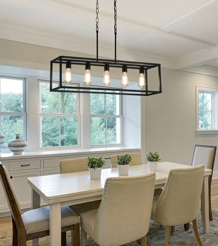 Black Rectangle Kitchen Island Lights Rectangular Modern Industrial Chandelier for Dining Room 5 Lights Linear Vintage Cage Light Fixtures UL Listed (5-Lights)