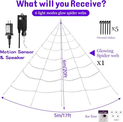 Motion Activated Lighting&Speaking] 20 * 17FT Halloween Spider Web 150 Led Purple Lights Light Up Lighted Triangular Giant Waterproof with 200sqft Cobweb for Outdoor Decor Yard Decoration