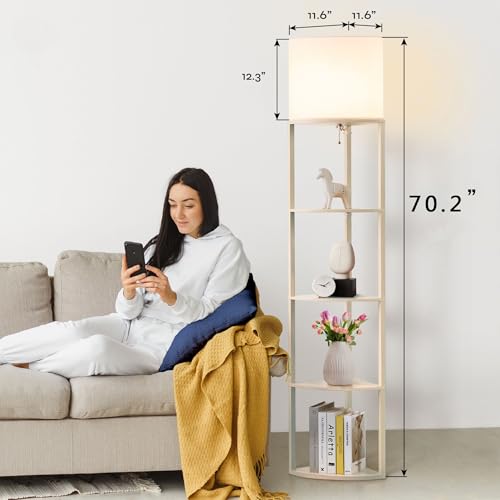 Corner Floor Lamp with Shelves (Whitewashed Oak)