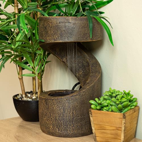 Sunnydaze 14" Winding Showers Tabletop Fountain with LED Lights (Brown)