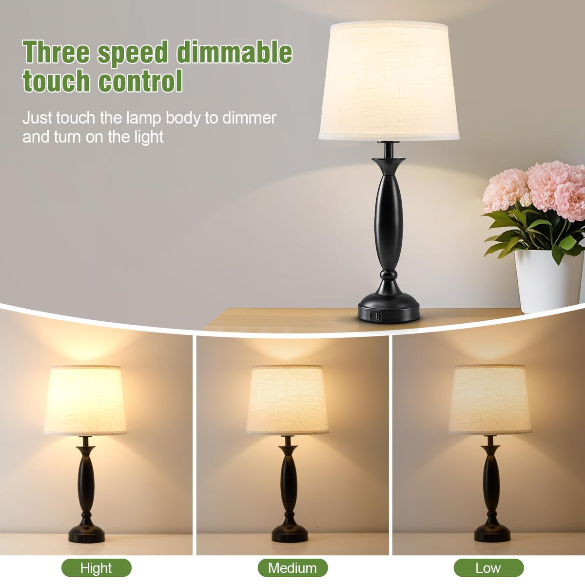 23" Touch Lamps for Nightstand Set of 2 (Black & White Shade)