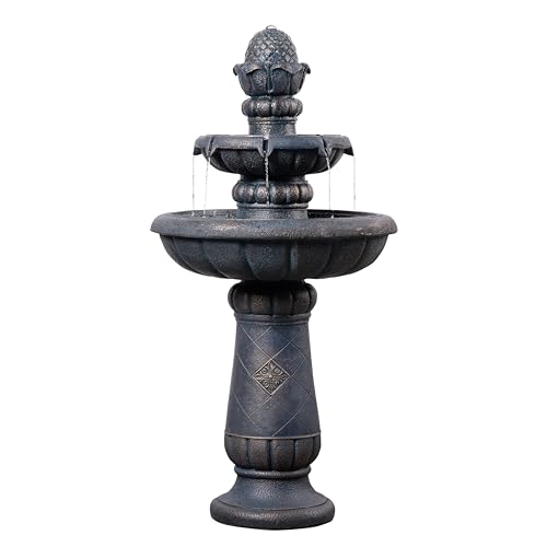 Deluxe Pineapple Pedestal 2 Tiered Floor Waterfall Fountain with Pump for Outdoor Patio Garden Backyard Decking
