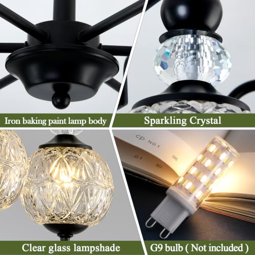 Modern Black Sputnik Chandelier 6 Lights Crystal Adjustable Hanging Ceiling Light Fixture Large Pendant Lighting with Glass Globe Shade for Dinning Room Living Room Bedroom Kitchen (Black / 6 light)