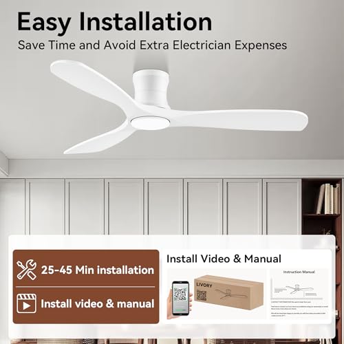 52In Wood Flush Mount Ceiling Fans with Lights and Remote (White Wood)
