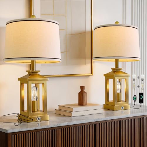 Modern Table Lamps Set of 2 for Living Room 23.75" Bedroom Nightstand Lamps (Gold)