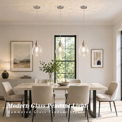 Nickel Glass Pendant Lights Kitchen Island 8" Pendant Light Hammered Clear Glass 2 Pack Height Adjustable Modern Hanging Pendant Lights for Dining Room Bedroom Hallway Sink Bulbs Incl (Nickel, 2 PK / 8 Inch)