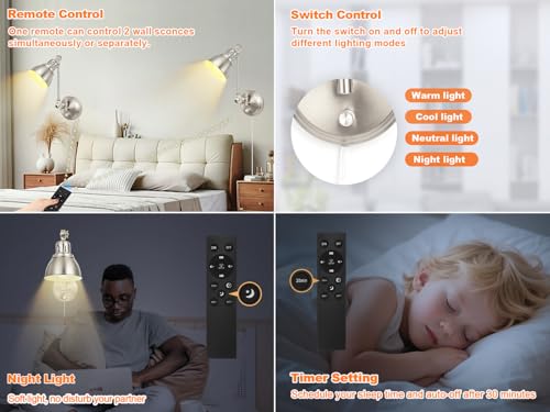 2 Pack Plug in Wall Sconces with Remote Control (Brushed Nickel-2 PACK(Bulbs+Remote))