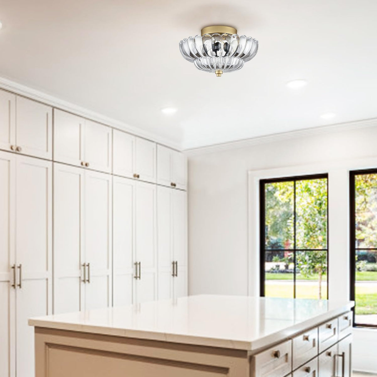 Gold Ceiling Light Fixture with Scalloped Clear Glass Shade (Gold-clear glass)