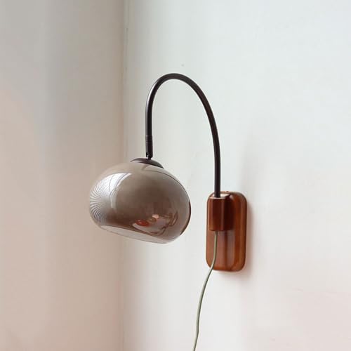 Modern Decoration Wall Sconce Mid Century with White Milk Glass Vintage Industrial Wood Wall Light Hardwired Smoke Grey Amber Farmhouse Reading Wall Lamp for Bedroom Living Room Bedside (Gray-plug Switch)