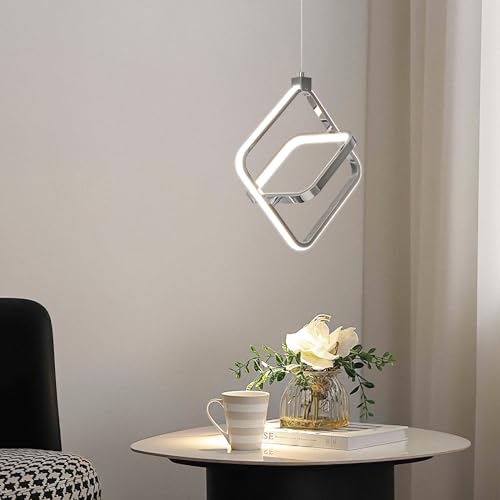 Modern LED Chandelier Chrome Rectangular Pendant Light Fixtures 4000K 20W Dimmable Height Adjustable Pendant Lighting for Dining Room Kitchen Island Bedroom Living Room Foyer（2 (Chrome / Square-2Pack)