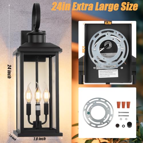 24" Extra Large Outdoor Wall Light Fixture Modern Porch Lantern (Black / No Sensor)
