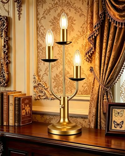 Vintage Candelabra Table Lamp Dimmable Gold Lamp E12 Bulbs Included (20-Gold-Candelabra-3U)