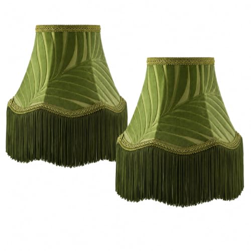 2 Pcs 5 x 10 x 7.5 Inch Green Scalloped Lamp Shades with Fringe Trim Vintage Victorian Bell Lampshades Replacement Fabric Natural Tapered Lampshades Decor for Wall Sconce Pendant Light (Green / 5 x 10 x 7.5 Inch)