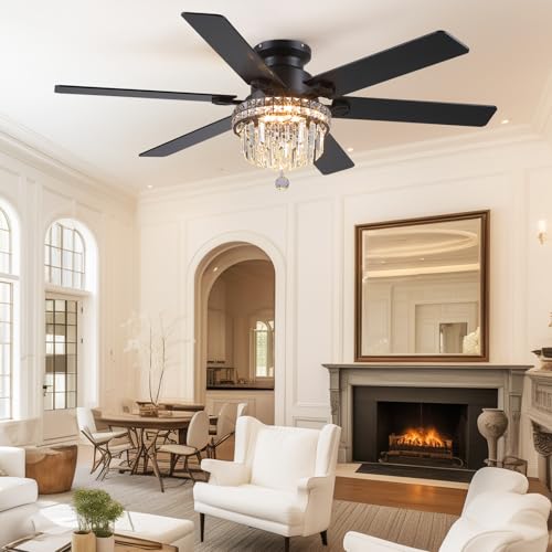 52" Low Profile Crystal Ceiling Fans with LED Lights and Remote (Black-52IN-8341)