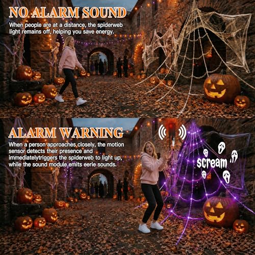 Motion Activated Lighting&Speaking] 20 * 17FT Halloween Spider Web 150 Led Purple Lights Light Up Lighted Triangular Giant Waterproof with 200sqft Cobweb for Outdoor Decor Yard Decoration