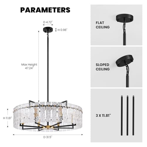 31.5" Modern Round Drum Chandelier Luxury 8 (Black+Gold / 31.5")