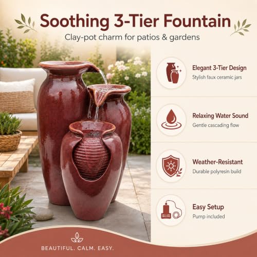 Jar 3 Tiered Floor Waterfall Fountain with Pump for Outdoor Patio Garden Backyard Decking (Vintage Red)