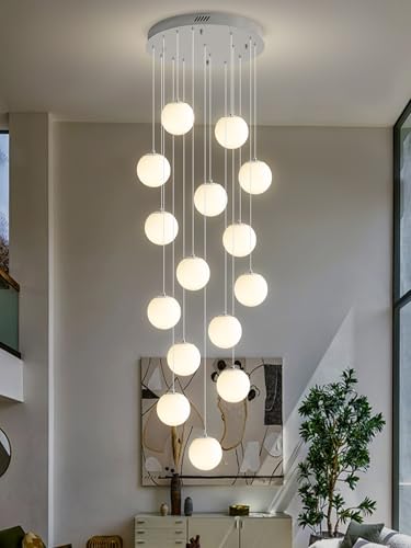 H 138" Large Chandelier with White Globe Glass Dimmable Ceiling Light Glass Pendant Light for Kitchen Island (Silver-White / Globe 15-Light)
