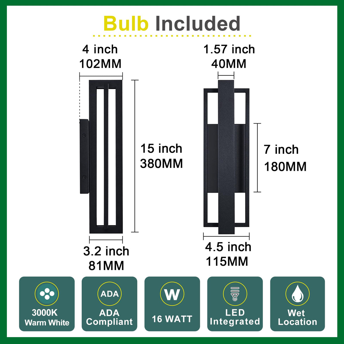 2 Pack Dimmable LED Wall Light (2Pack Small 15"H 16W Black)