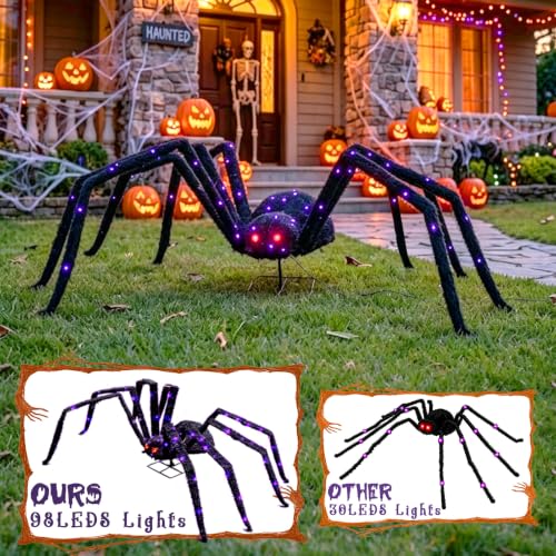 Halloween Decorations Outdoor Giant Spider Light Up Spider 4.3Ft Lighted Large Spider with 6 Modes and 100 LED Purple Lights